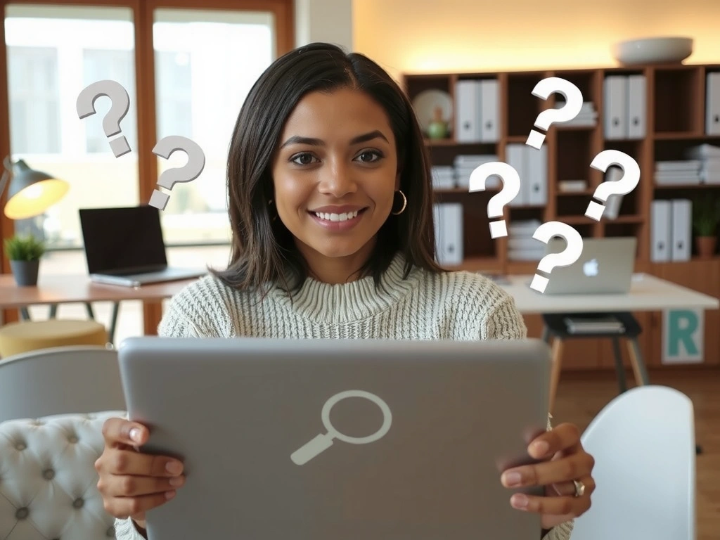 A person looking at a tablet, surrounded by question marks, representing problem-solving and finding answers.